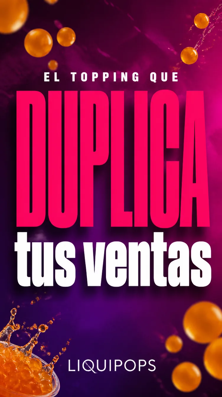 Pieza con perlas explosivas LiquiPops naranjas y mensaje el topping que duplica tus ventas