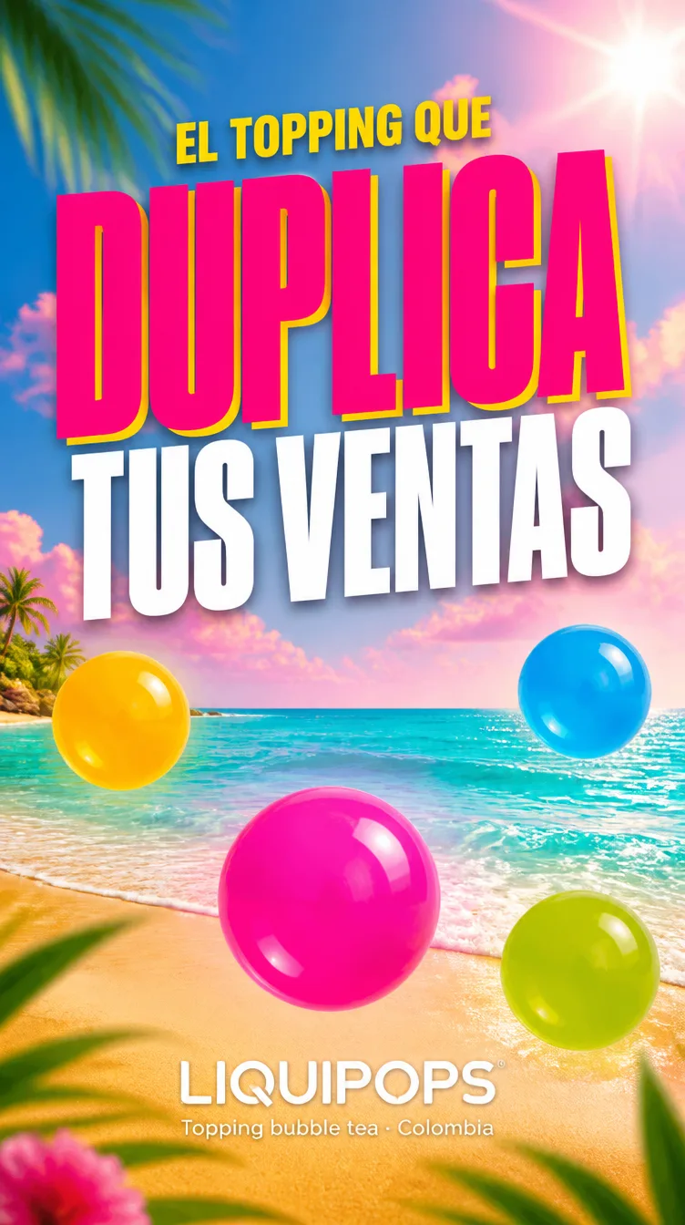 Pieza de playa con perlas explosivas LiquiPops de colores como topping para bubble tea en Colombia