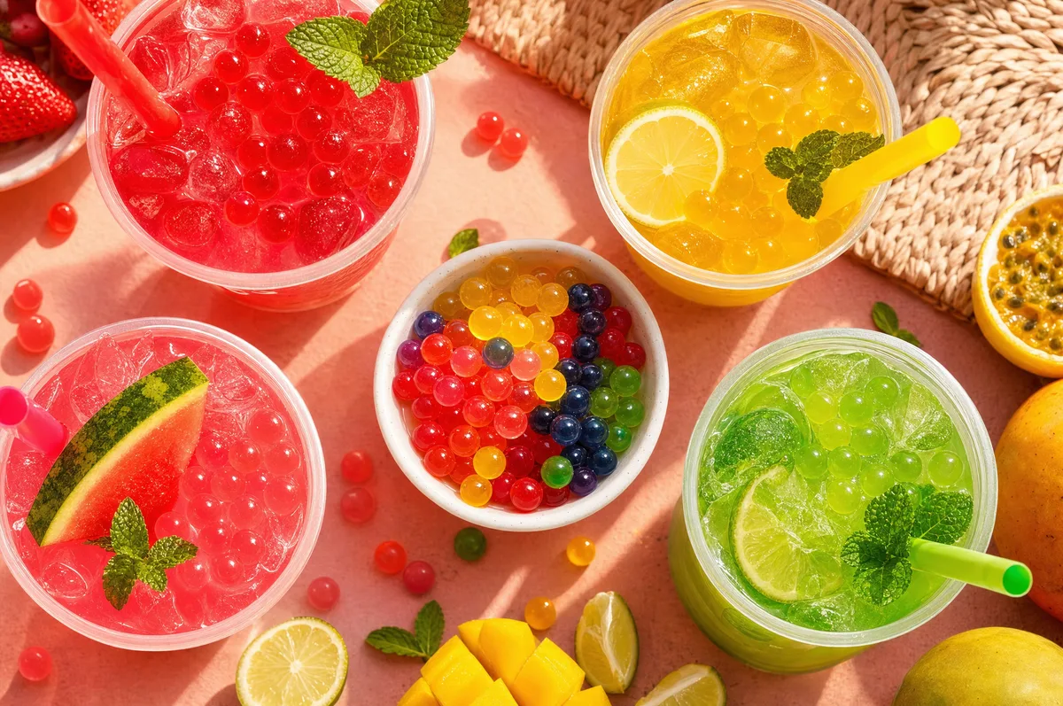 Variedad de limonadas y bebidas de colores con perlas explosivas LiquiPops — vasos surtidos con frutas sobre fondo coral