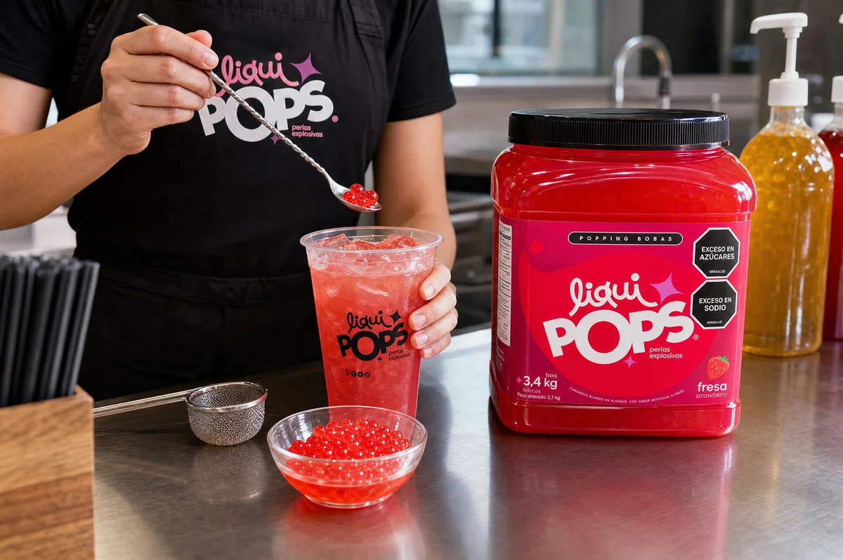 Persona con delantal LiquiPops sirviendo con cuchara perlas explosivas rojas de fresa sobre un vaso de bebida rosada, junto al tarro sabor fresa y un bowl de perlas en la barra