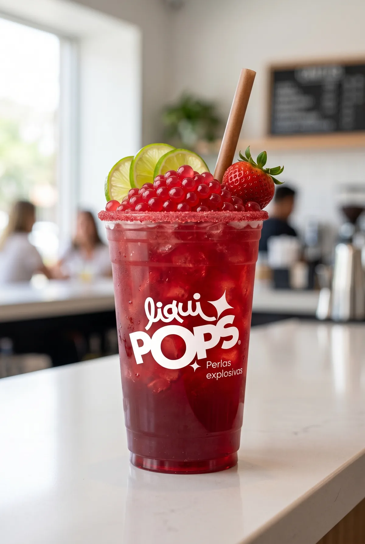 Vaso de bebida de fresa con perlas explosivas rojas LiquiPops sobre barra de cafeteria — escena lista para disfrutar