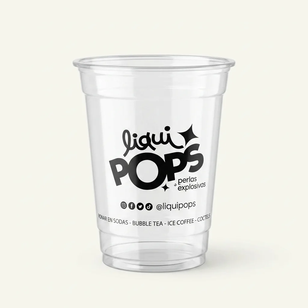 Vaso transparente LiquiPops de 16 oz con logo de perlas explosivas LiquiPops — para sodas, bubble tea, ice coffee y cocteles