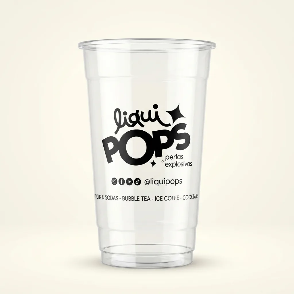 Vaso transparente LiquiPops de 22 oz con logo de perlas explosivas LiquiPops — para sodas, bubble tea, ice coffee y cocteles