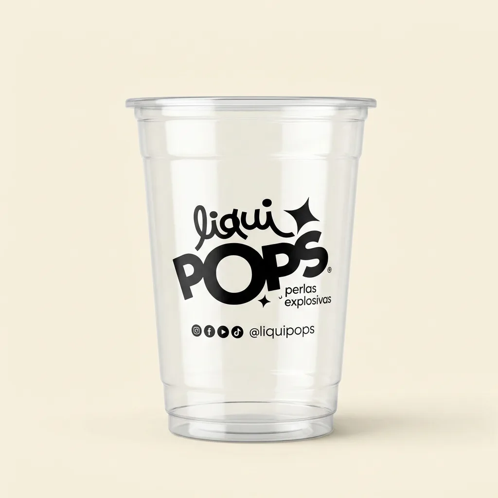 Vaso plastico transparente LiquiPops con logo de perlas explosivas LiquiPops — listo para servir bebidas con popping boba