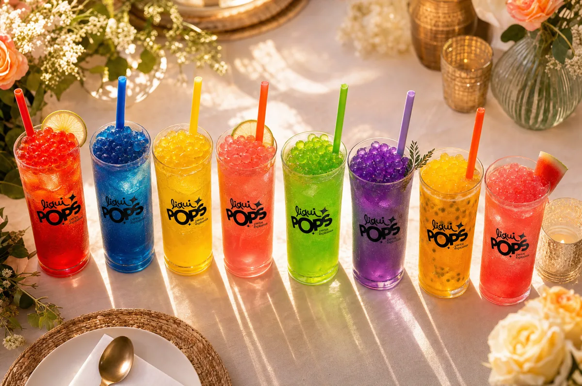 Fila de vasos de bebidas en colores del arcoíris con perlas explosivas LiquiPops — montaje festivo sobre mesa decorada