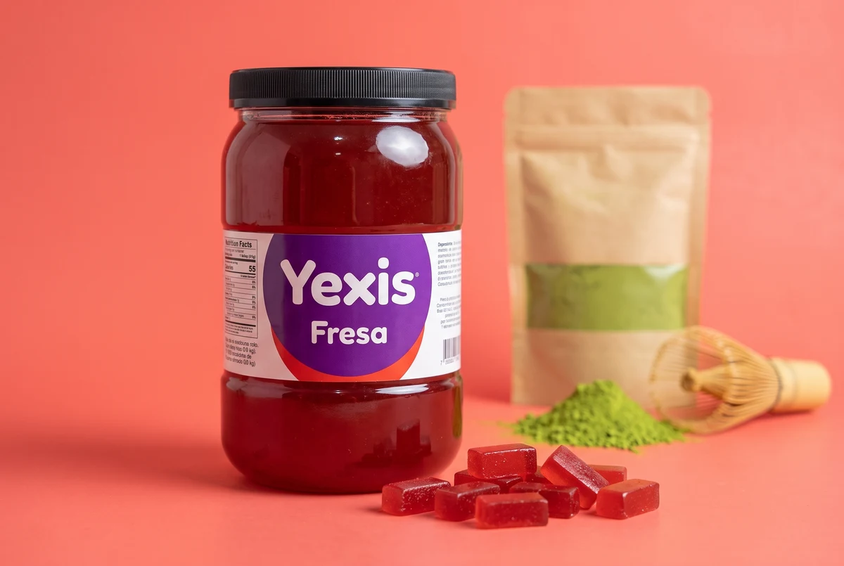 Frasco de jelly Yexis fresa y bolsa de té matcha Skarcha sobre fondo coral — insumos by LiquiPOPS para bebidas con perlas explosivas