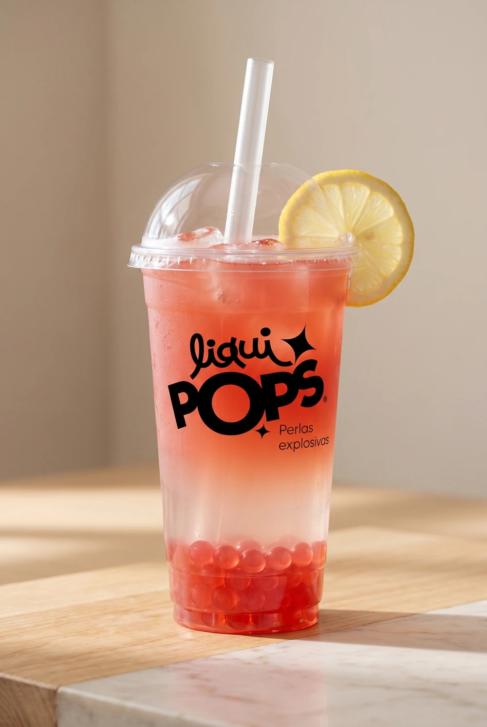 Limonada de sandia rosada con perlas explosivas rojas LiquiPops y rodaja de limon
