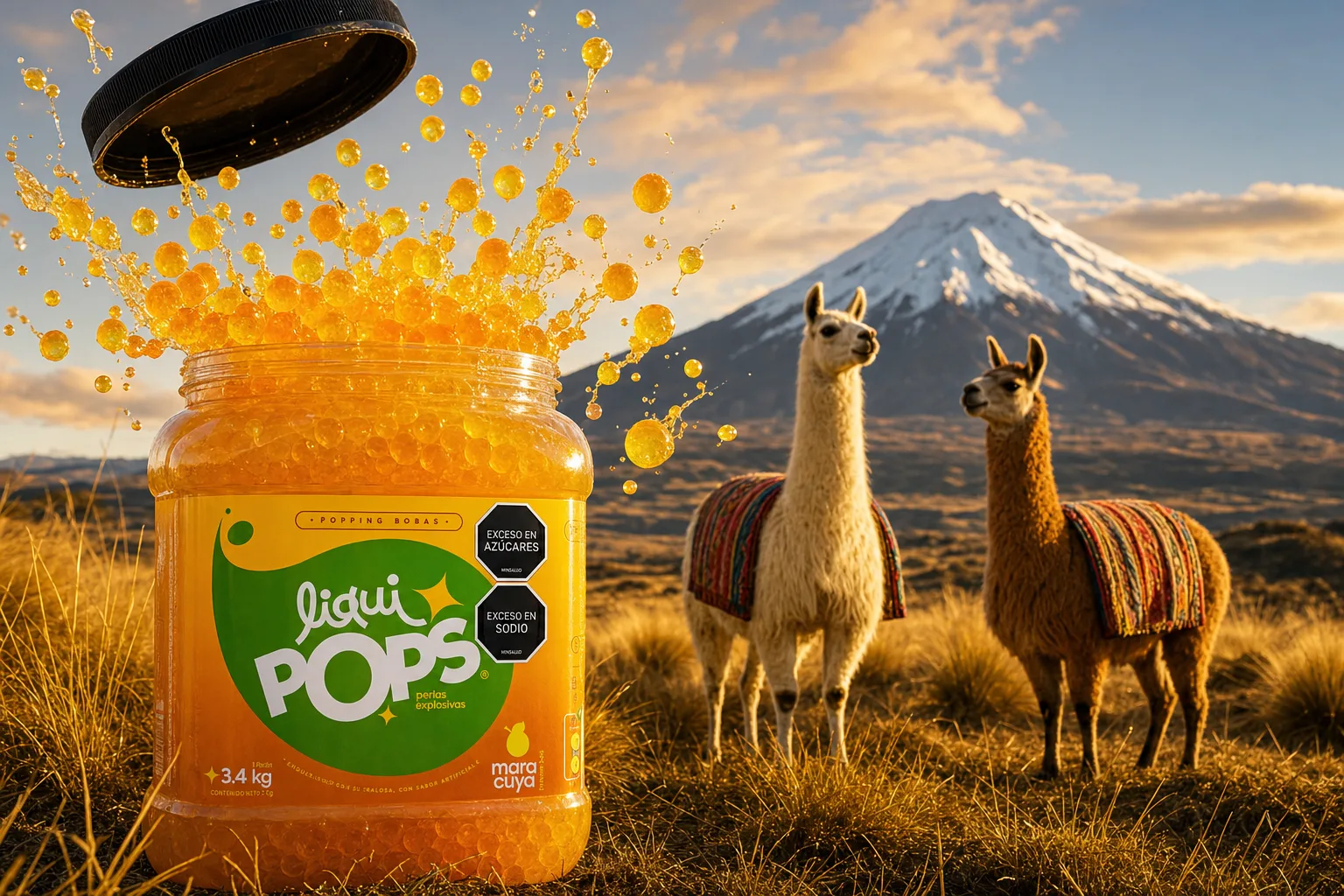 Tarro de perlas explosivas LiquiPops con perlas estallando frente a dos llamas y el volcán Cotopaxi en Ecuador