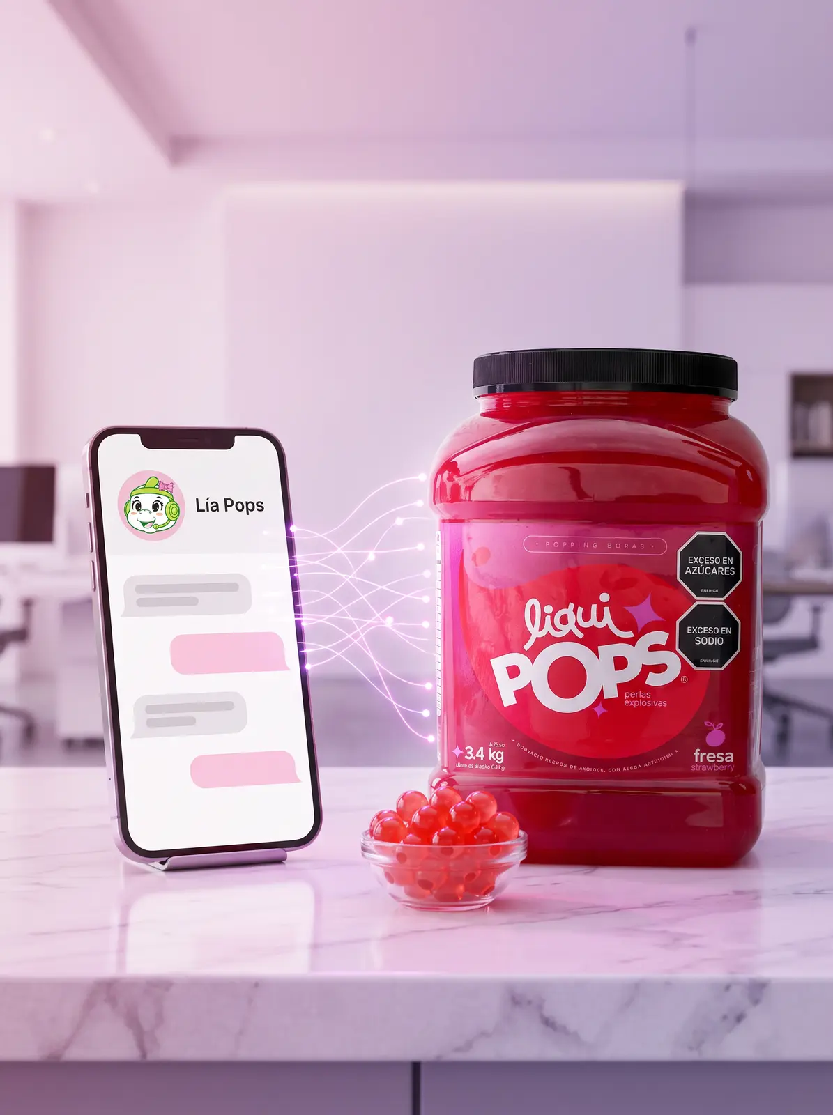 Chat de Lía Pops en un celular conectado a un tarro de perlas explosivas LiquiPops