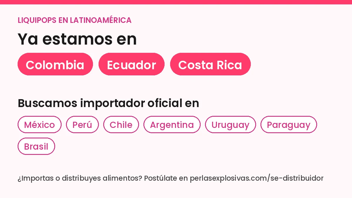 Países donde está LiquiPops: Colombia, Ecuador y Costa Rica; y países donde buscamos importador: México, Perú, Chile, Argentina, Uruguay, Paraguay y Brasil