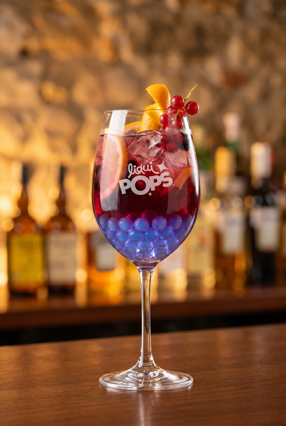 Cóctel sangría de vino tinto con perlas explosivas azules LiquiPops — copa con frutas y naranja sobre barra de bar