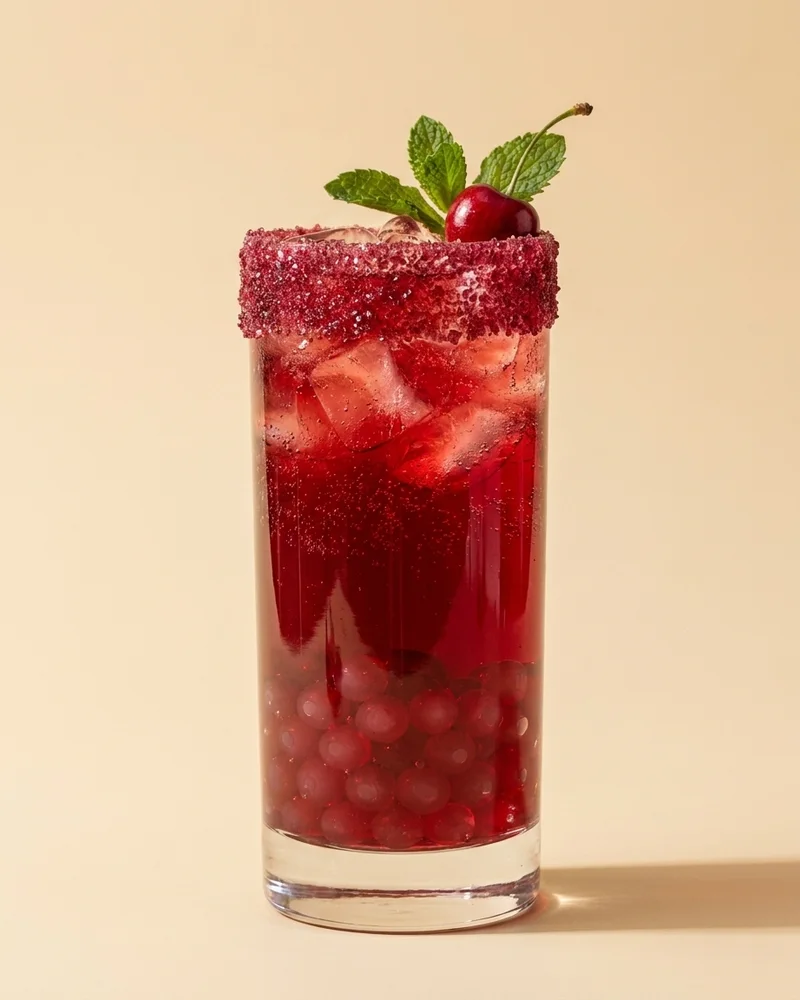 Cóctel de cereza con borde escarchado y perlas explosivas LiquiPops en el fondo — decorado con menta y cereza