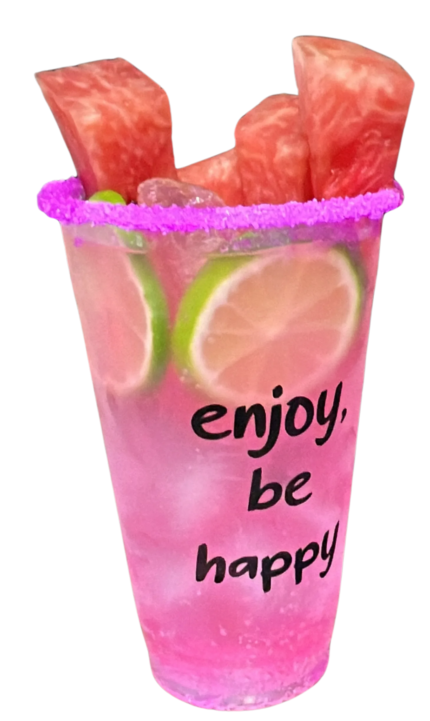 Limonada rosada de sandia con tajadas de sandia, limon y hielo en vaso enjoy be happy para disfrutar con perlas explosivas LiquiPops