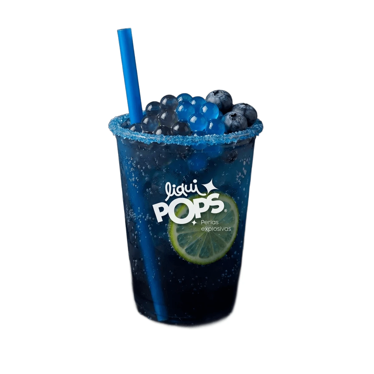 Soda con perlas explosivas LiquiPops Blueberry preparada en vaso branded