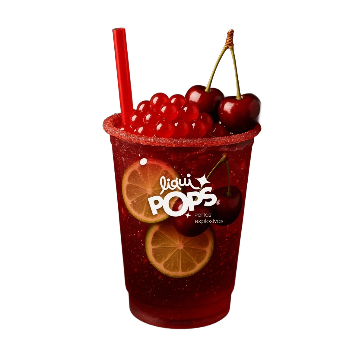 Soda con perlas explosivas LiquiPops Cereza preparada en vaso branded
