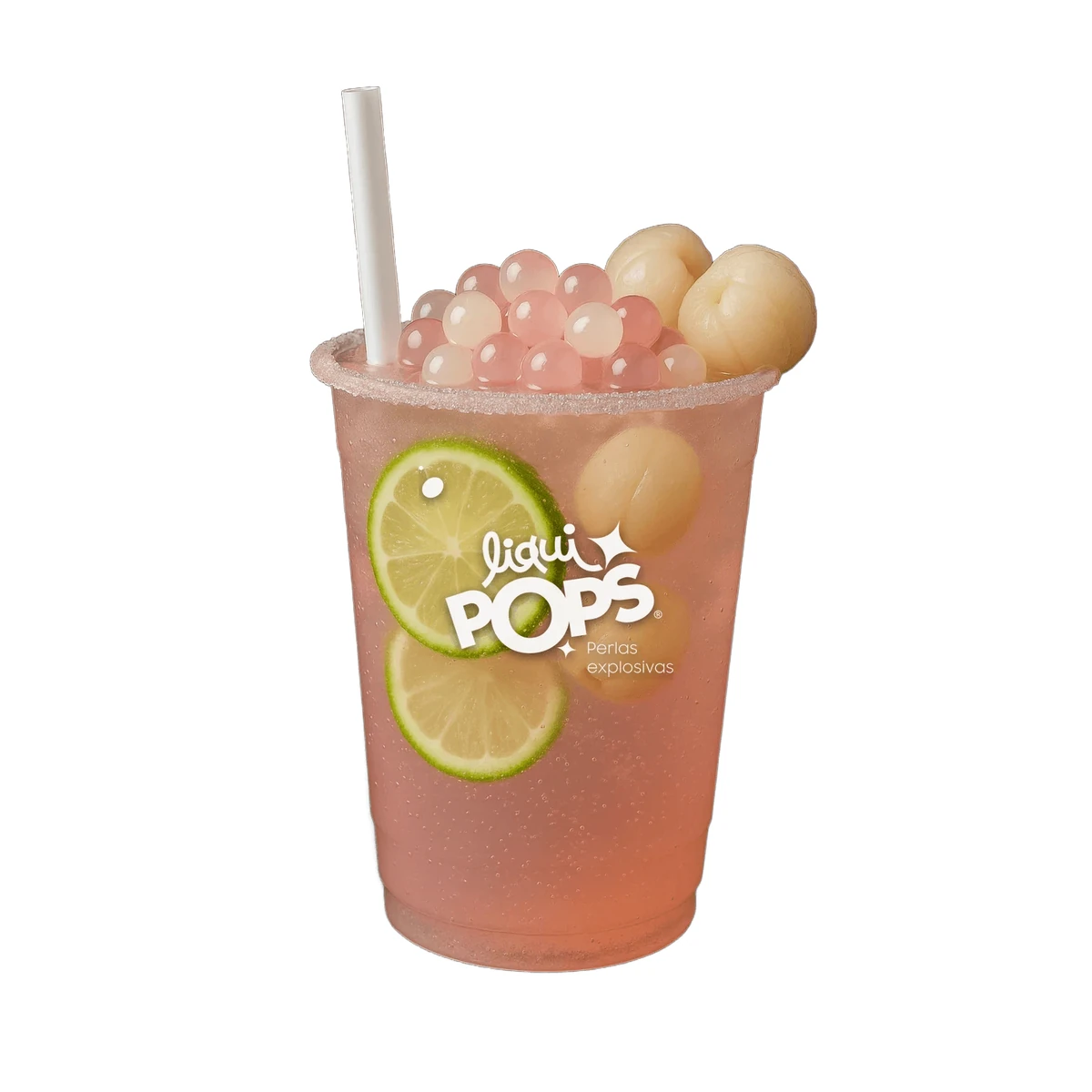 Soda con perlas explosivas LiquiPops Lyche preparada en vaso branded