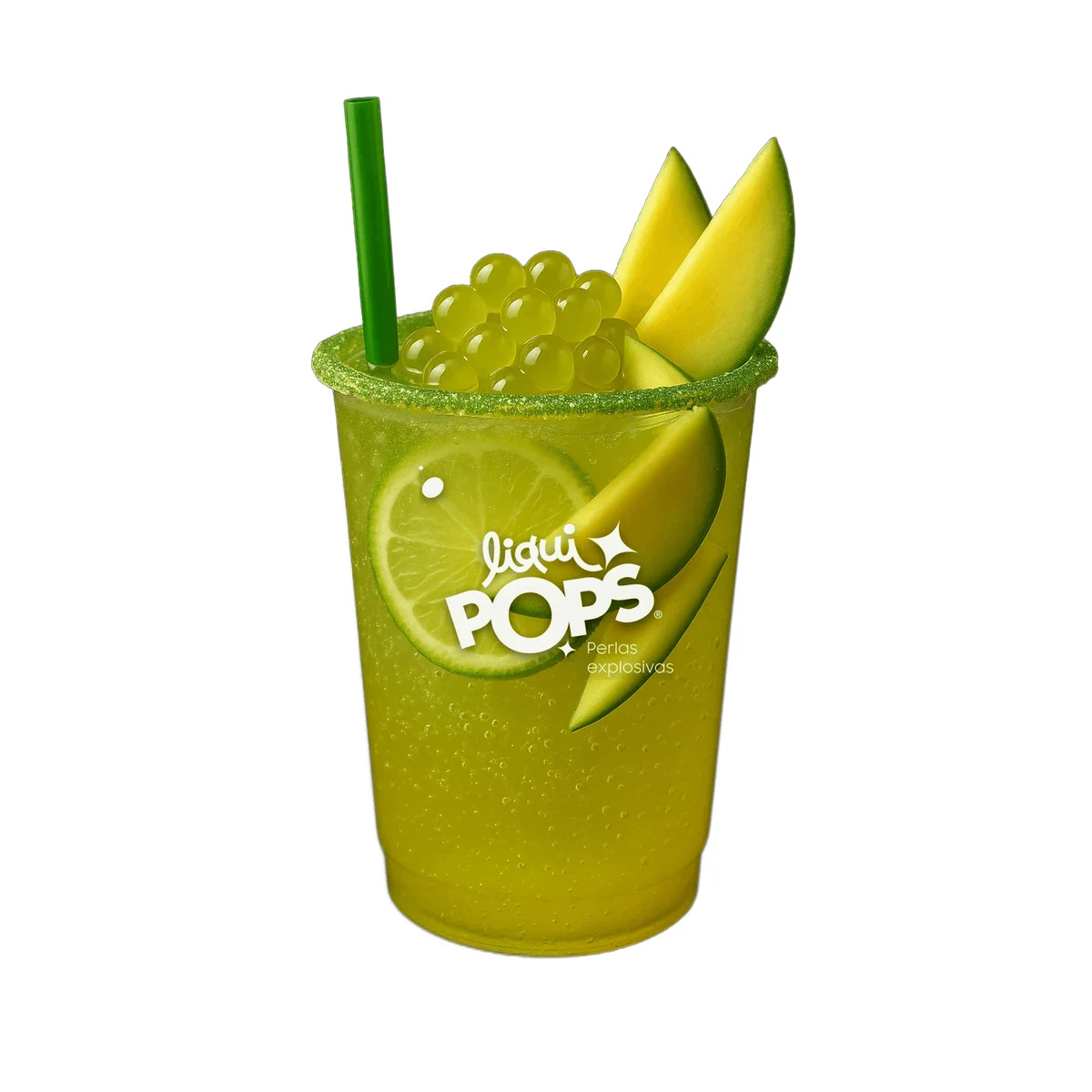 Soda con perlas explosivas LiquiPops Mango Biche preparada en vaso branded