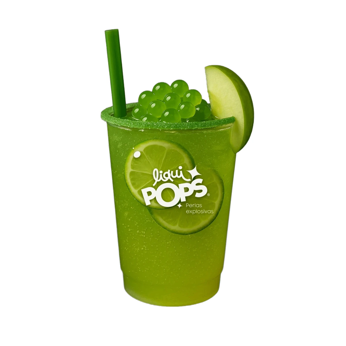 Soda con perlas explosivas LiquiPops Manzana Verde preparada en vaso branded