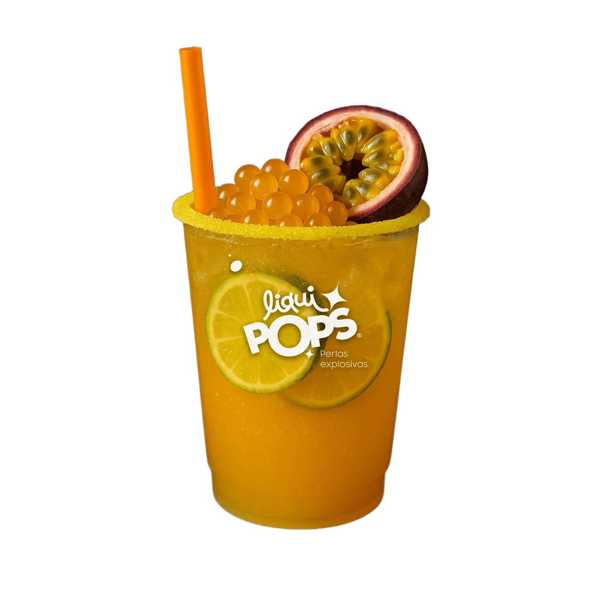 Soda con perlas explosivas LiquiPops maracuya preparada en vaso branded