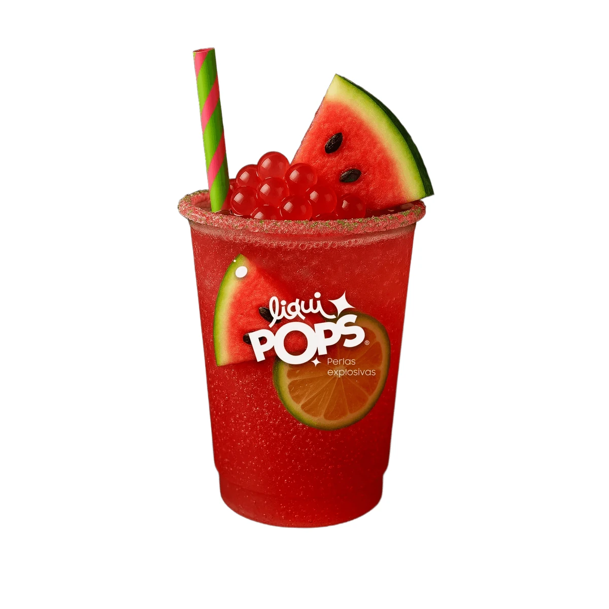 Soda con perlas explosivas LiquiPops sandia preparada en vaso branded