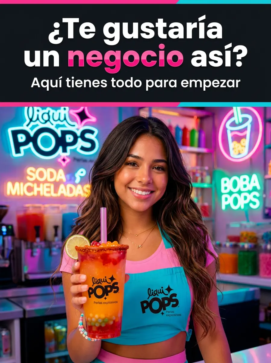 Chica con bebida de perlas explosivas LiquiPops en barra neón de sodas y micheladas — idea de negocio bubble tea