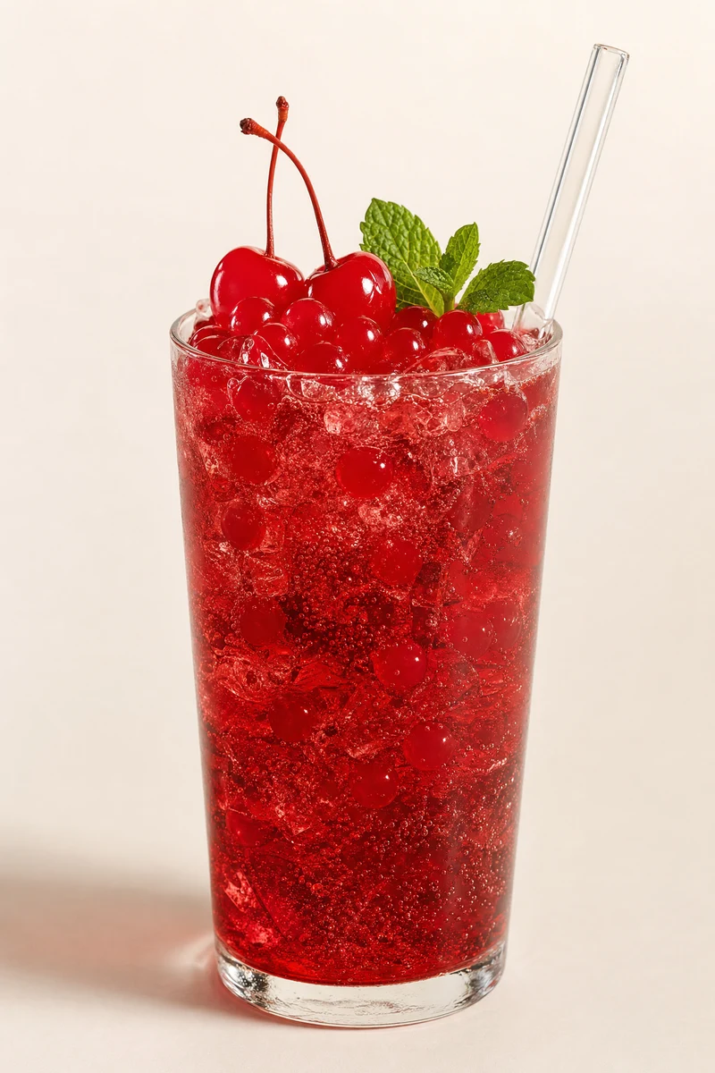 Soda roja de cereza con perlas explosivas LiquiPops, cerezas frescas y hierbabuena en vaso alto con hielo