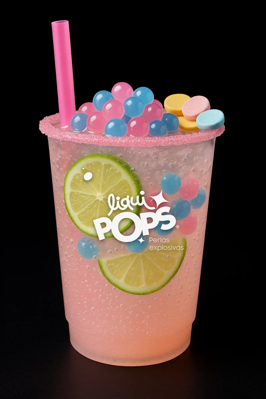 Soda de chicle con perlas explosivas LiquiPops azules y rosadas, rodajas de limón y borde escarchado en vaso para llevar