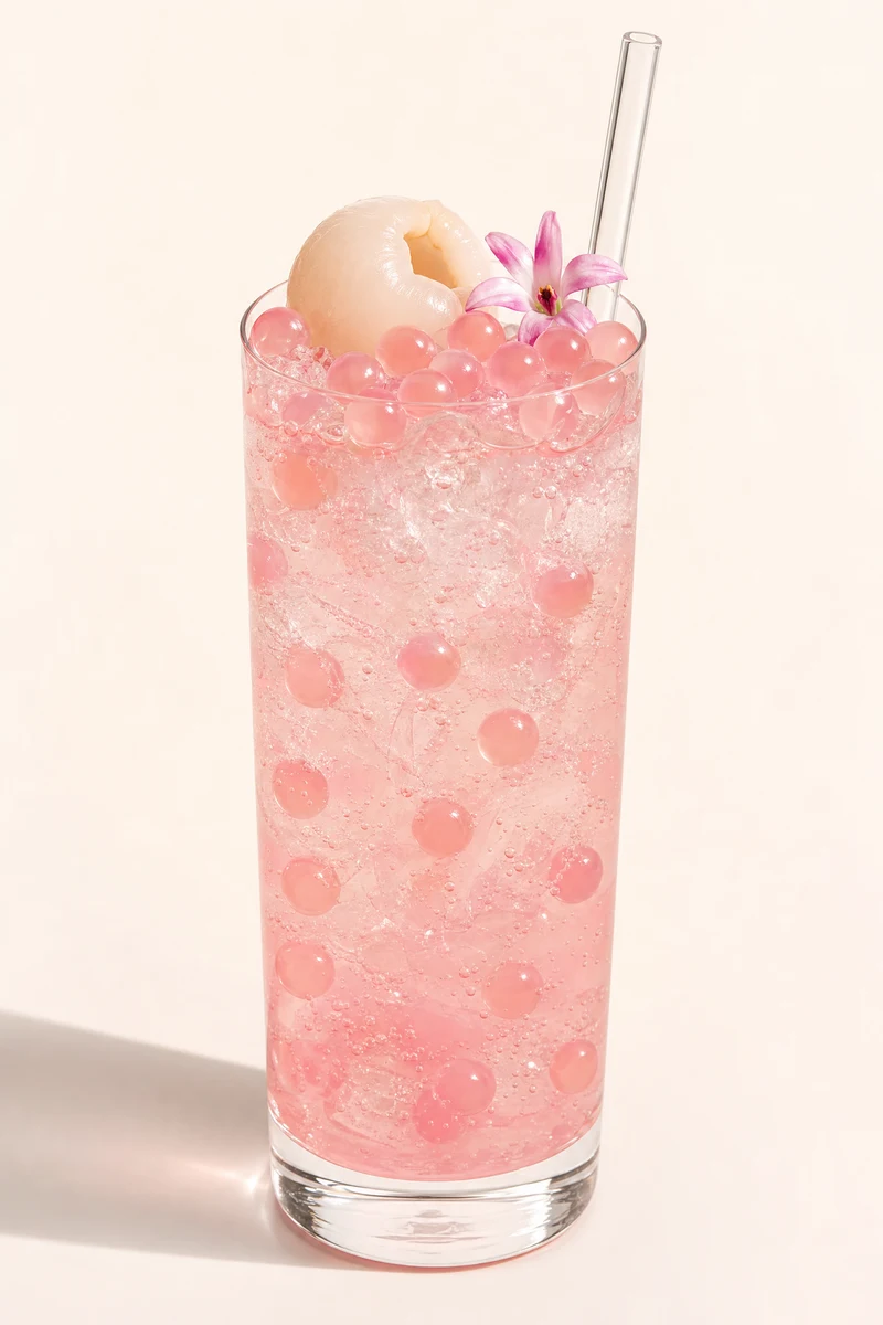 Soda de lychee rosada con perlas explosivas LiquiPops, lychee fresco y flor sobre hielo