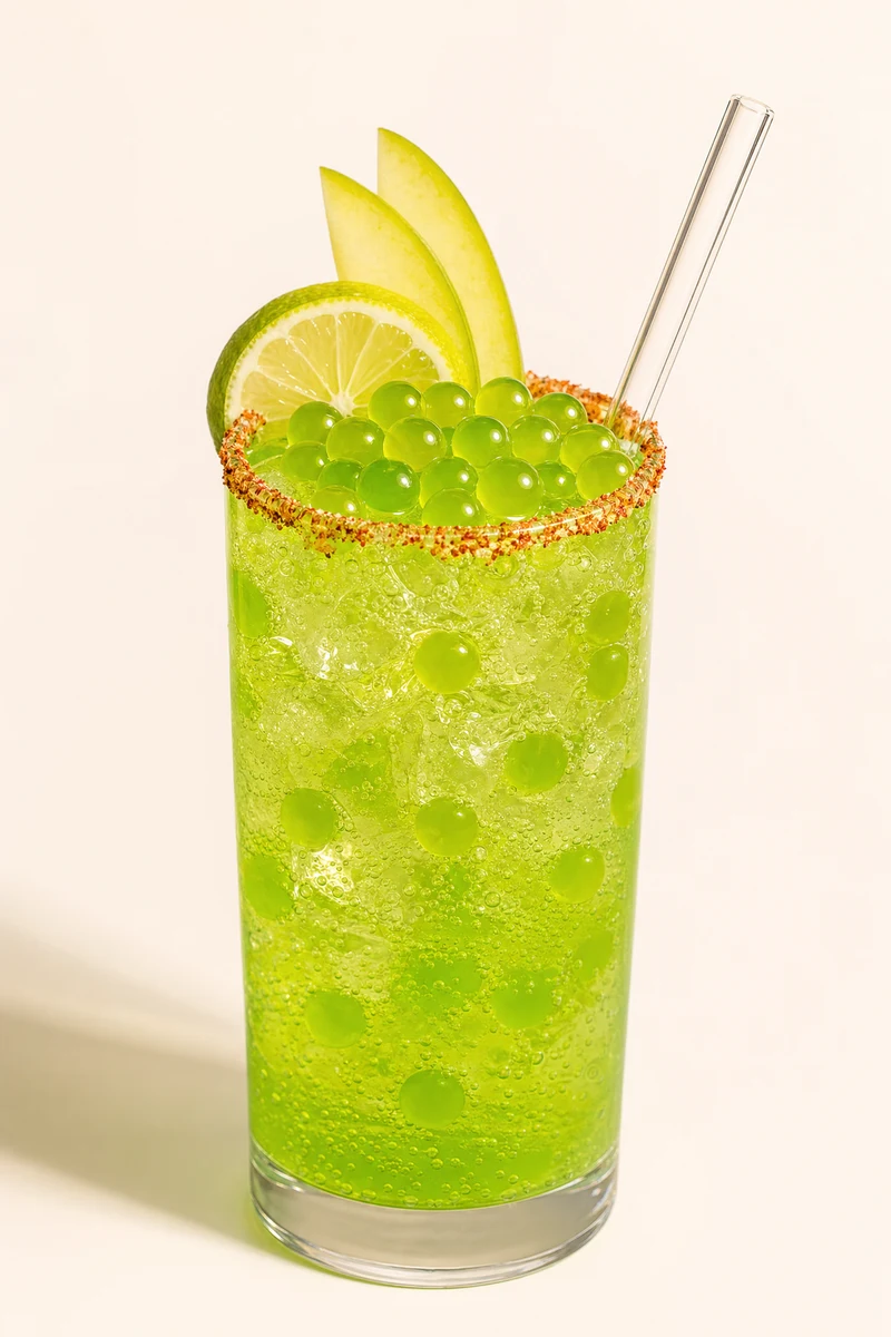 Soda de mango biche verde con perlas explosivas LiquiPops, escarchado picante y rodajas de limon en vaso alto