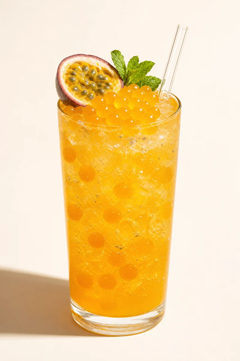 Soda de maracuya naranja con perlas explosivas LiquiPops, mitad de maracuya y menta en vaso alto con hielo