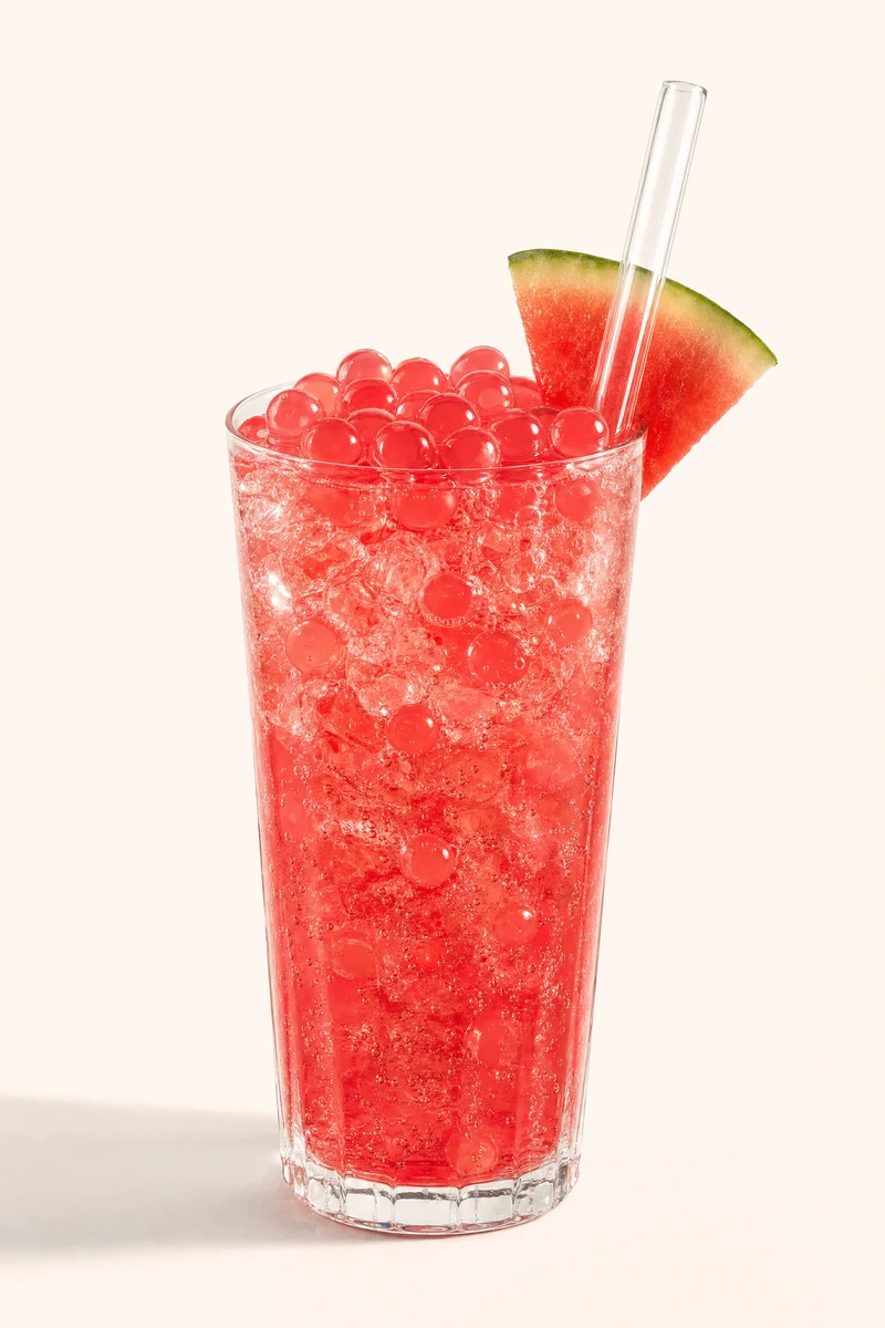 Soda de sandia roja con perlas explosivas LiquiPops y tajada de sandia en vaso alto con hielo