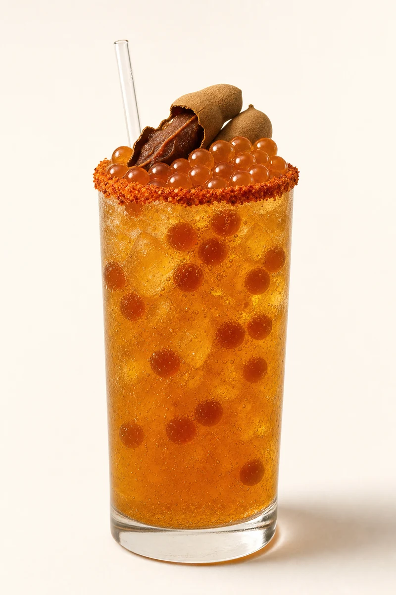 Soda de tamarindo con escarchado y perlas explosivas LiquiPops — vaso alto con tamarindo natural y burbujas