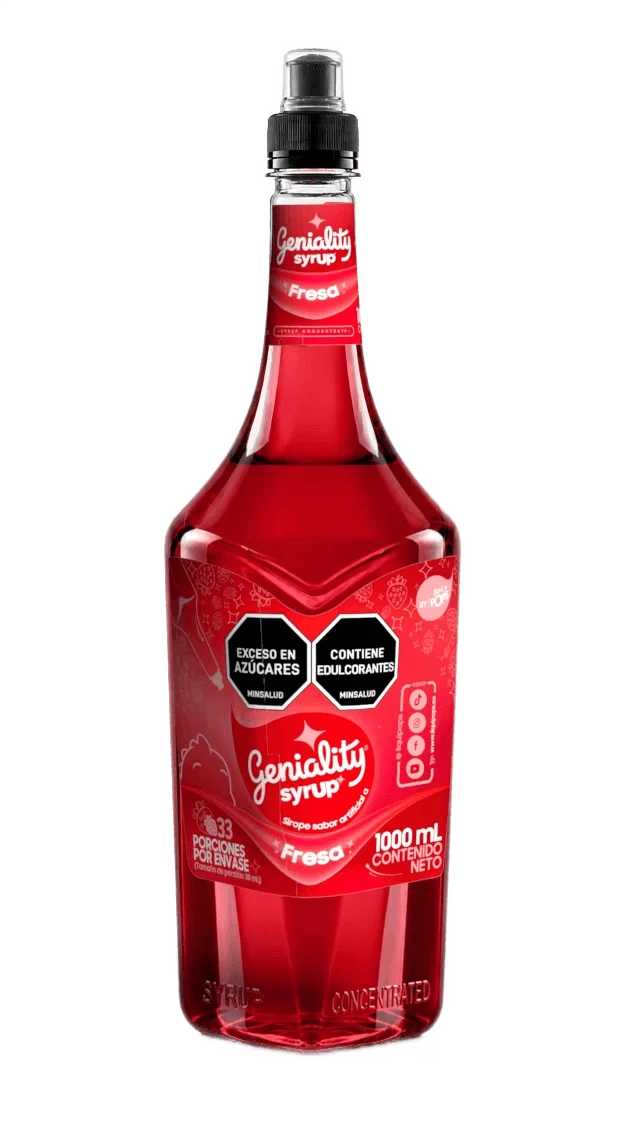 Botella sirope Geniality Fresa 1000ml — concentrado para sodas y cócteles, fondo blanco