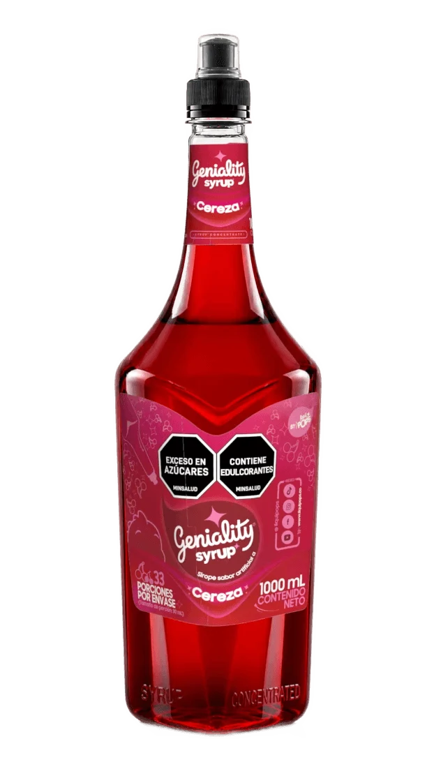 Botella sirope Geniality Cereza 1000ml — concentrado para sodas y cócteles, fondo blanco