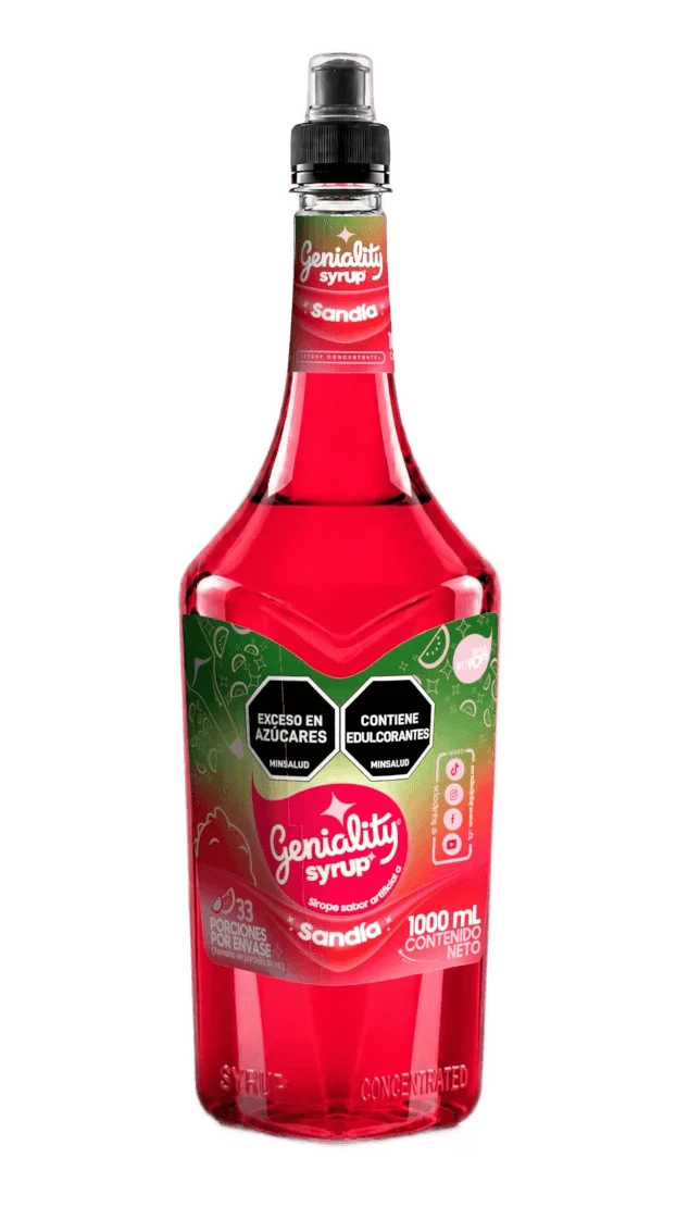 Botella sirope Geniality sandia 1000ml — concentrado para sodas y cócteles, fondo blanco