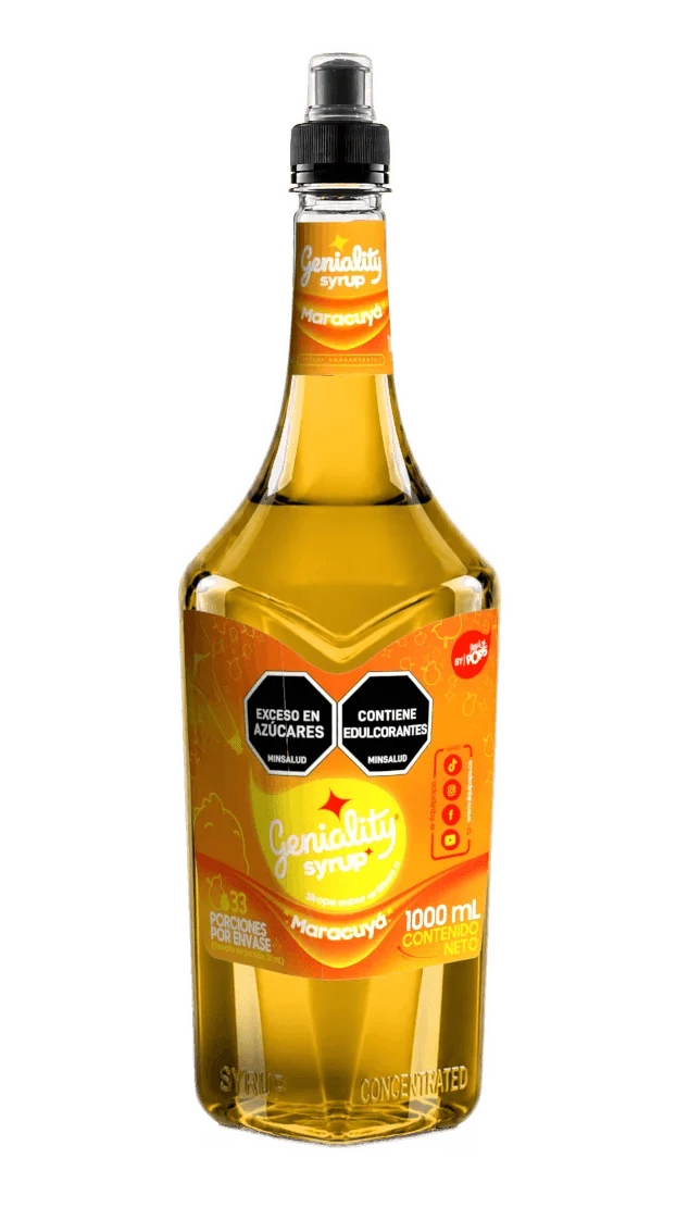 Botella sirope Geniality maracuya 1000ml — concentrado para sodas y cócteles, fondo blanco
