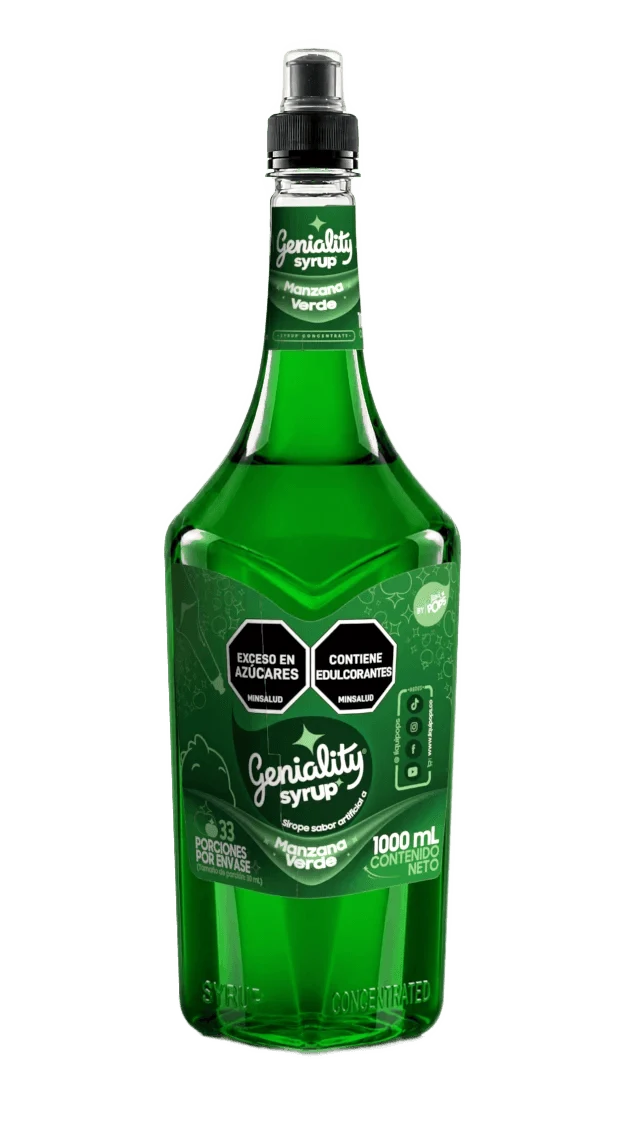 Botella sirope Geniality Manzana Verde 1000ml — concentrado para sodas y cócteles, fondo blanco