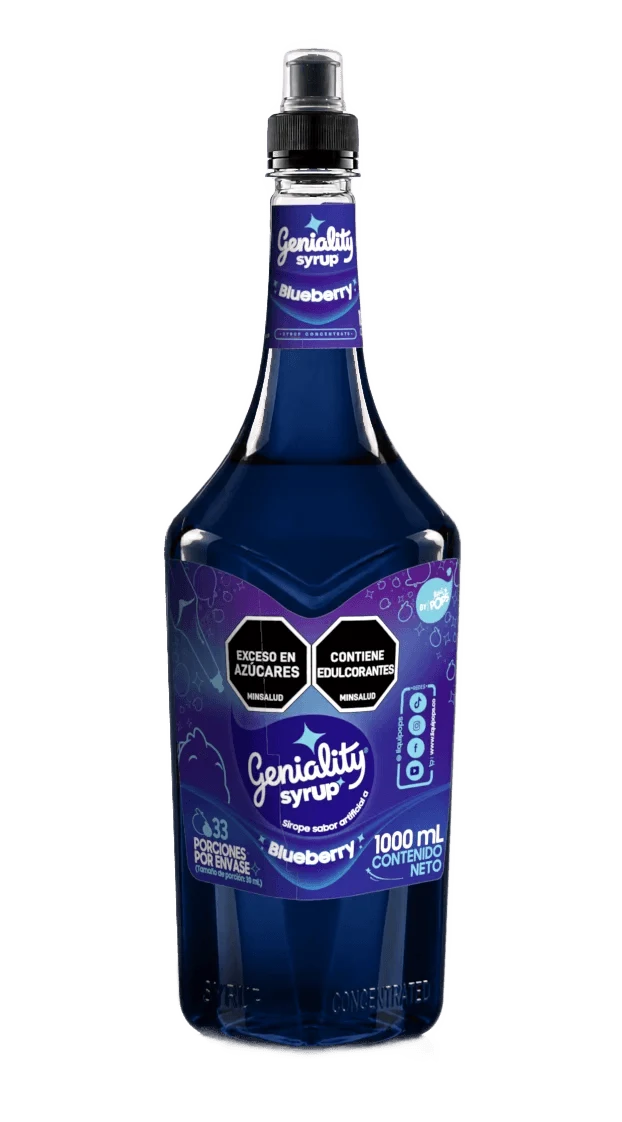Botella sirope Geniality Blueberry 1000ml — concentrado para sodas y cócteles, fondo blanco