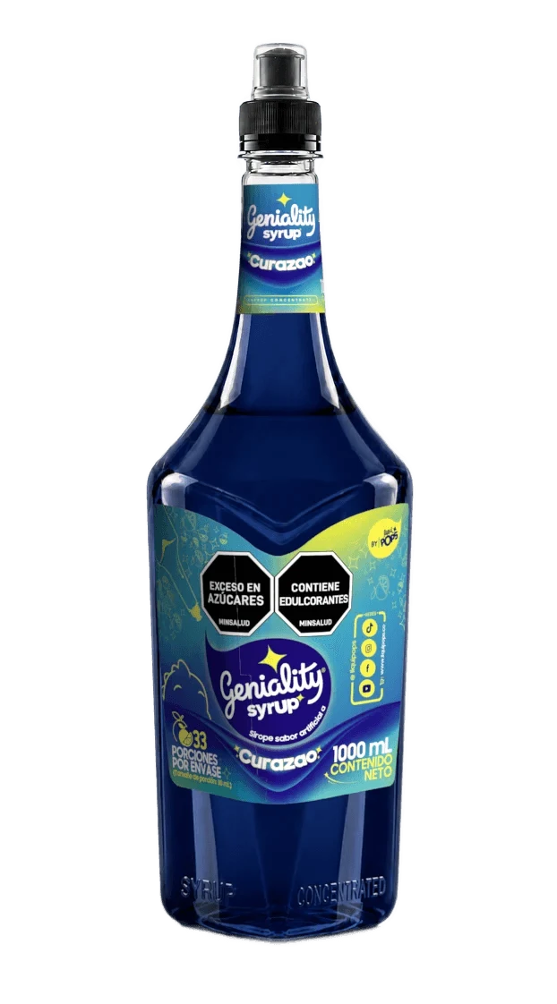 Botella sirope Geniality curazao 1000ml — concentrado para sodas y cócteles, fondo blanco