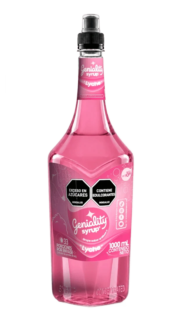 Botella sirope Geniality Lyche 1000ml — concentrado para sodas y cócteles, fondo blanco