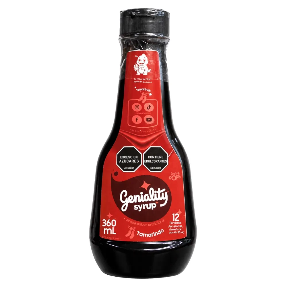 Sirope Geniality sabor TAMARINDO 360ml — uso en granizados de fruterías, cócteles de bar y sodas saborizadas. Marca colombiana fabricada en Medellín.