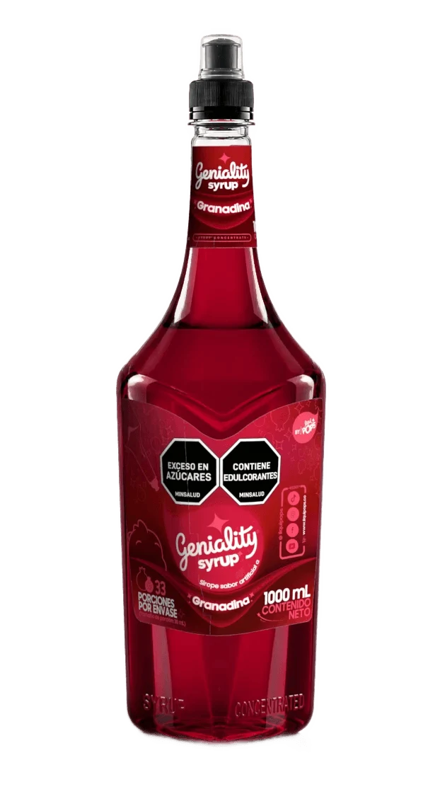 Botella sirope Geniality granadina 1000ml — concentrado para sodas y cócteles, fondo blanco