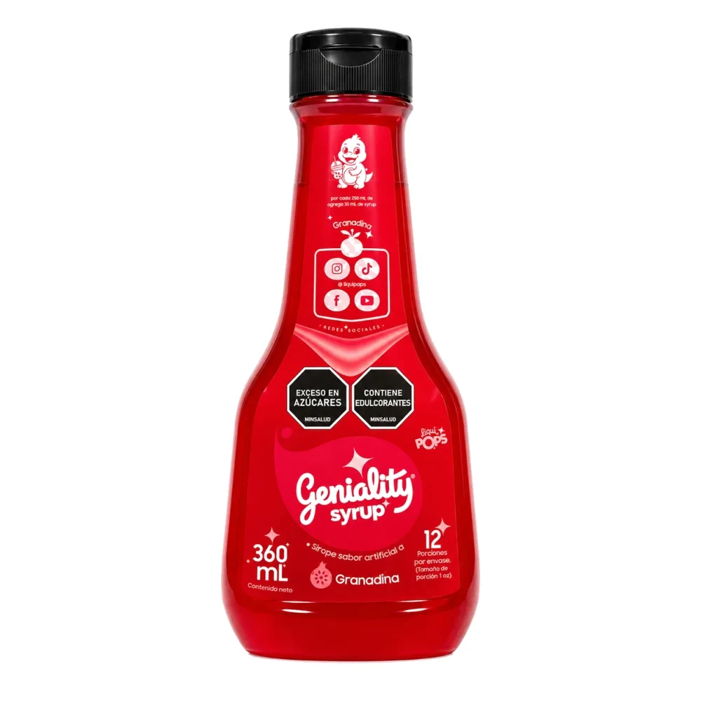 Sirope Geniality sabor GRANADINA 360ml — granizados, cócteles y sodas con sabor real concentrado. Marca colombiana fabricada en Medellín.