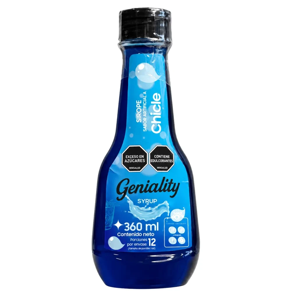 Sirope Geniality sabor CHICLE 360ml — uso en granizados de fruterías, cócteles de bar y sodas saborizadas. Marca colombiana fabricada en Medellín.