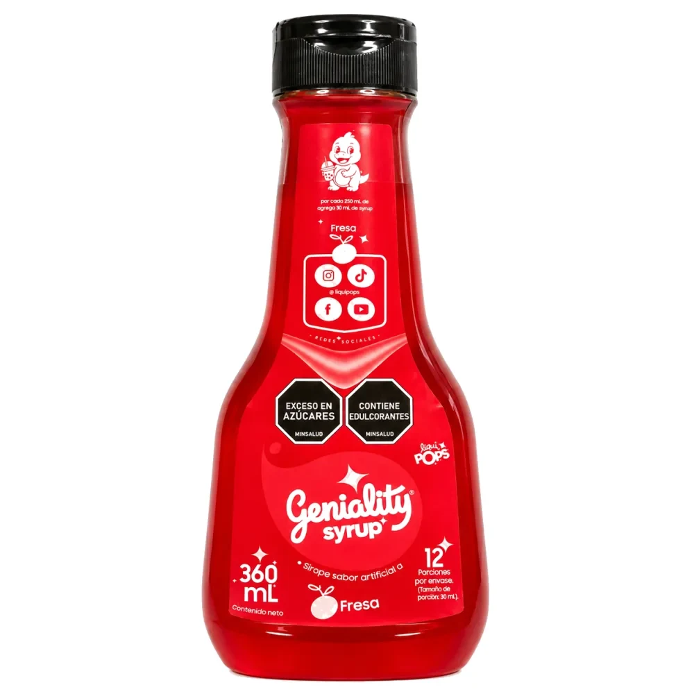 Sirope Geniality sabor FRESA 360ml — para granizados con perlas, cócteles signature y sodas italianas. Marca colombiana fabricada en Medellín.