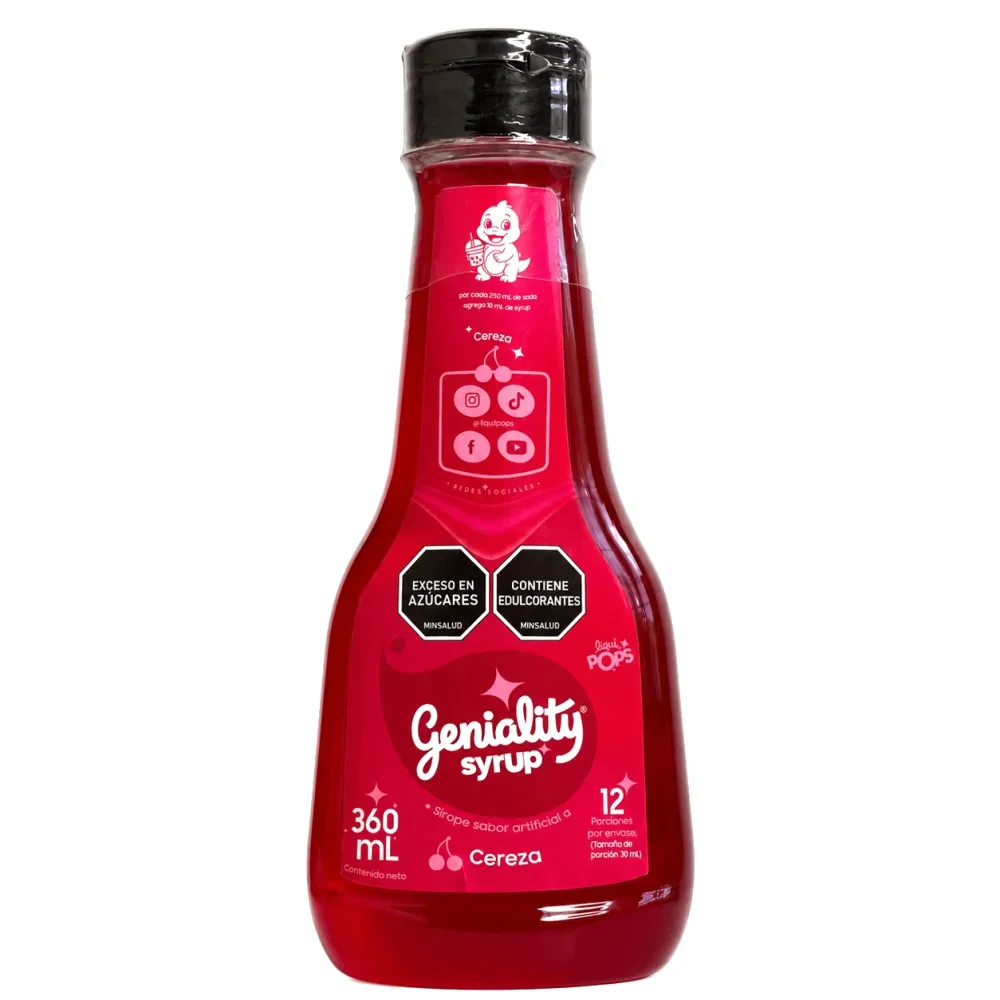 Sirope Geniality sabor CEREZA 360ml — para granizados con perlas, cócteles signature y sodas italianas. Marca colombiana fabricada en Medellín.