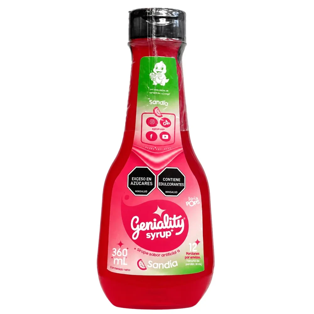 Sirope Geniality sabor SANDIA 360ml — granizados, cócteles y sodas con sabor real concentrado. Marca colombiana fabricada en Medellín.