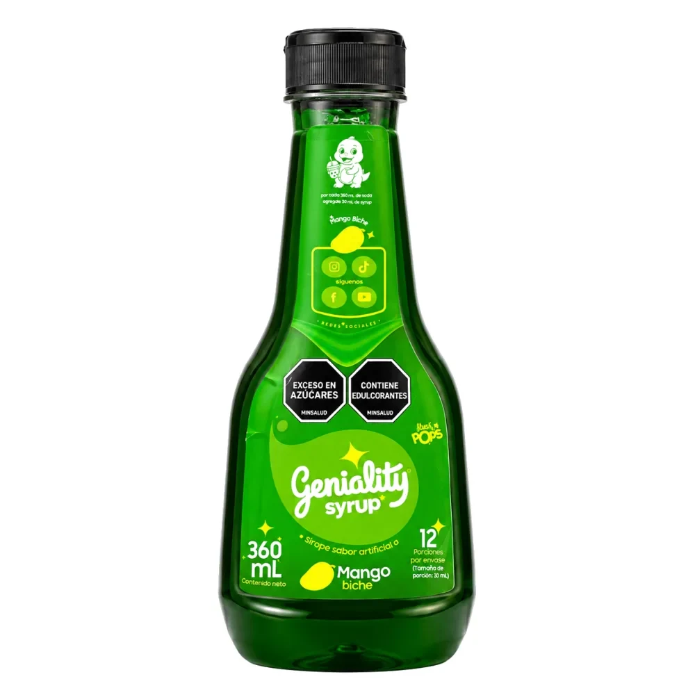 Sirope Geniality sabor MANGO BICHE 360ml — uso en granizados de fruterías, cócteles de bar y sodas saborizadas. Marca colombiana fabricada en Medellín.