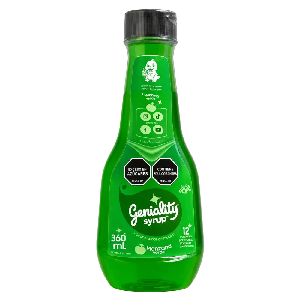 Sirope Geniality sabor MANZANA VERDE 360ml — ideal para granizados, cócteles y sodas saborizadas. Marca colombiana fabricada en Medellín.