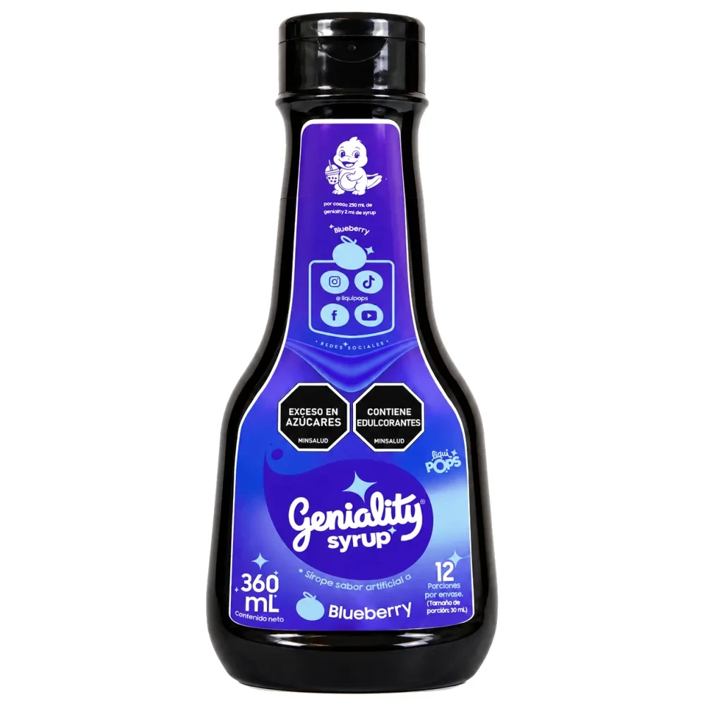 Sirope Geniality sabor BLUEBERRY 360ml — ideal para granizados, cócteles y sodas saborizadas. Marca colombiana fabricada en Medellín.